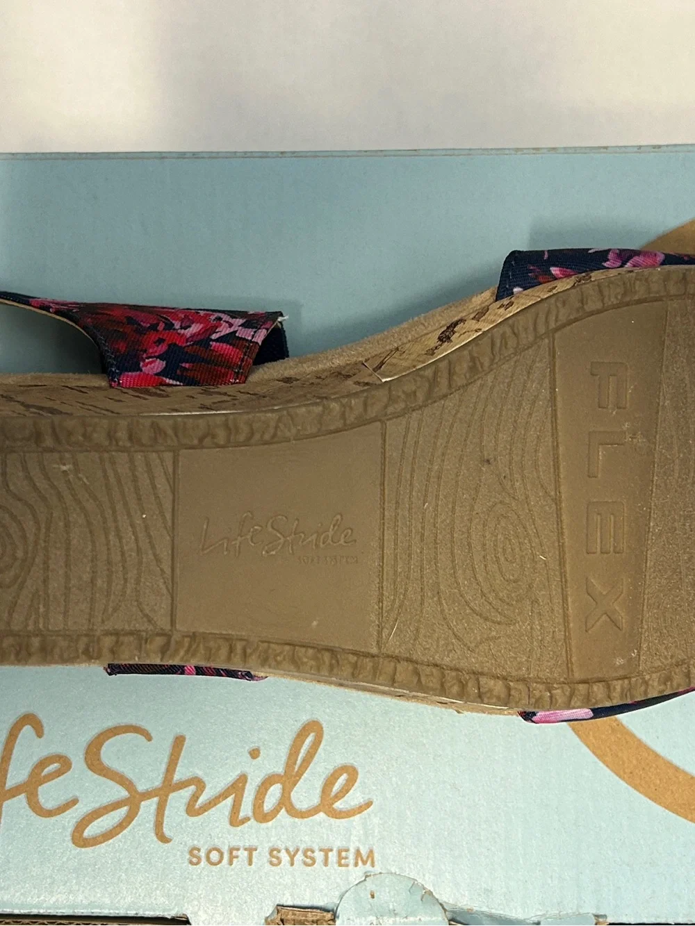 LifeStride Maldive Floral Cork Wedge Sandals Navy Pink Size 8M Comfort Vacation